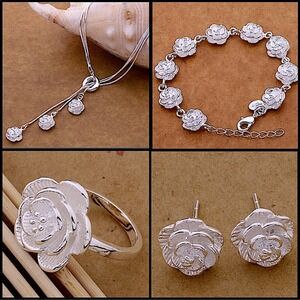 STERLING SILVER FLOWER TASSEL NECKLACE BRACELET RING EARRINGS SET